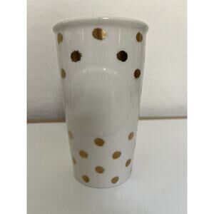 Starbucks Ceramic 2014 Gold Polka Dot Collection Travel Mug Tumbler w Lid 10 oz